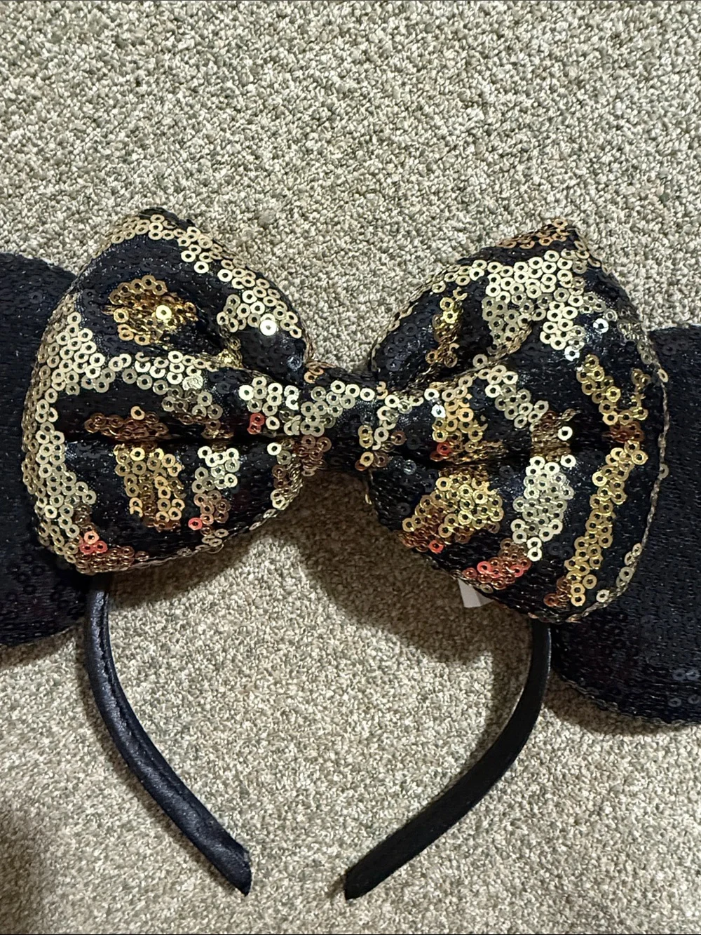 Disney Black Sequin Minnie Ears Headband with Gold Leopard Bow